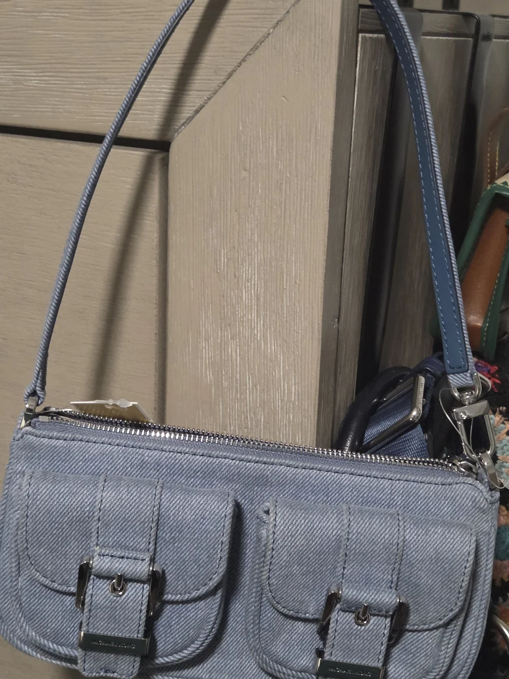 Michael Kors Light Blue  Denim Double Pocket Shoulder Bag with Silver Hardware